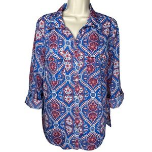 Kim Rogers Button-Down Shirt Paisley Print Long Roll Tab Sleeve Western Womens L